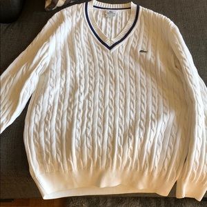 Lacoste white cable knit sweater with navy